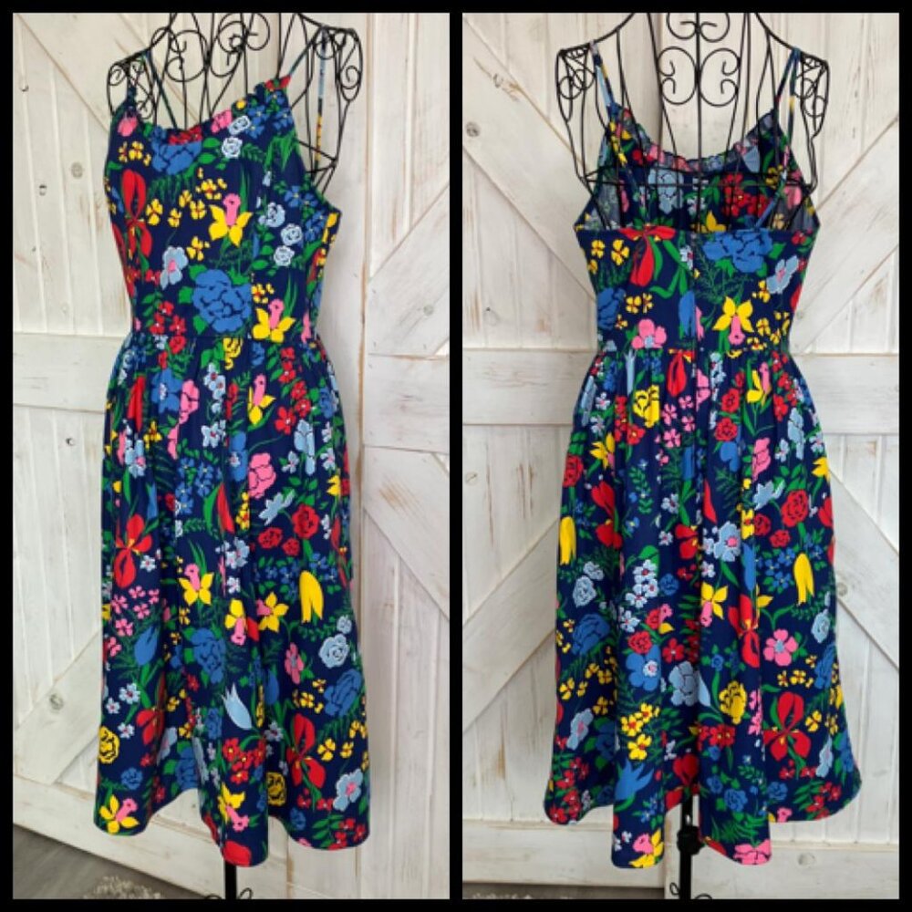 70's Vintage EJE Cotton Rainbow Blue Floral Hawaiian Sundress Day Midi Dress - Picture 4 of 10